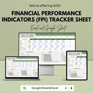 Può includere: Una pubblicità per un foglio di monitoraggio degli indicatori di performance finanziaria (FPI). L'immagine mostra il tracker su un laptop, un monitor desktop e un tablet. Il testo recita: "We're offering 50%! FINANCIAL PERFORMANCE INDICATORS (FPI) TRACKER SHEET Excel and Google Sheet."