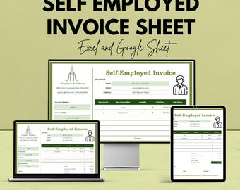 May include: An advertisement for a self-employed invoice sheet, with the text "We're offering 50%!" and "SELF EMPLOYED INVOICE SHEET Excel and Google Sheet". The invoice is displayed on a laptop, monitor, and tablet.