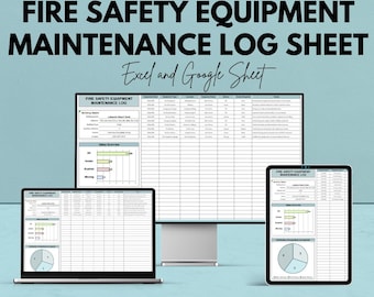 May include: A digital display of a fire safety equipment maintenance log sheet, viewable on a laptop, desktop monitor, and tablet. The text reads "FIRE SAFETY EQUIPMENT MAINTENANCE LOG SHEET" and "Excel and Google Sheet". The image also states "We're offering 50%!"