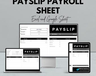 May include: Image of a digital display, laptop, and tablet showing a payslip. The text on the screen reads "PAYSLIP PAYROLL SHEET" and "Excel and Google Sheet". The payslip displays earnings and deductions. The image also includes the text "We're offering 50%!"