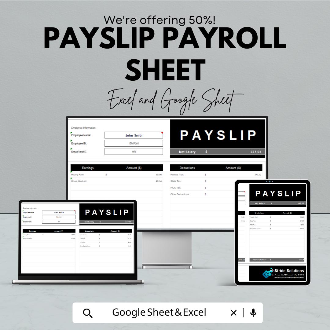 Payslip Payroll Sheet Template – Customizable Excel & Google Sheets for ...