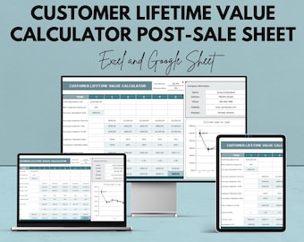 Peut inclure: Image promotionnelle d'une feuille de calcul de la valeur à vie du client après-vente. Le texte comprend "Nous offrons 50 % !" et "Excel et Google Sheet". La calculatrice est affichée sur un ordinateur portable, un moniteur et une tablette.