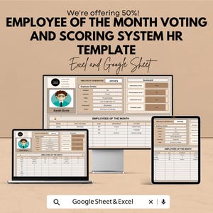 Op de afbeelding: Afbeelding met een sjabloon voor een "Medewerker van de Maand" stem- en scoresysteem. De sjabloon wordt weergegeven op een laptop, een computermonitor en een tablet. De tekst "Excel en Google Sheet" is zichtbaar, samen met de tekst "We bieden 50%!"