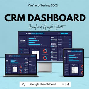 Könnte beinhalten: Werbebild für ein CRM-Dashboard, das auf einem Desktop-Computer, Laptop und Tablet angezeigt wird. Das Dashboard zeigt Datenvisualisierungen, Diagramme und Grafiken. Der Text "CRM DASHBOARD" und "Excel and Google Sheet" sind sichtbar. Der Text "We're offering 50%!" ist ebenfalls vorhanden.