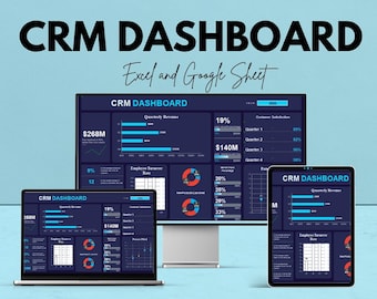 May include: A digital marketing image showcasing a CRM dashboard on a desktop computer, laptop, and tablet. The dashboard displays data visualizations, including charts and graphs, with the text "CRM DASHBOARD" and "Excel and Google Sheet". The image also includes the text "We're offering 50%!"