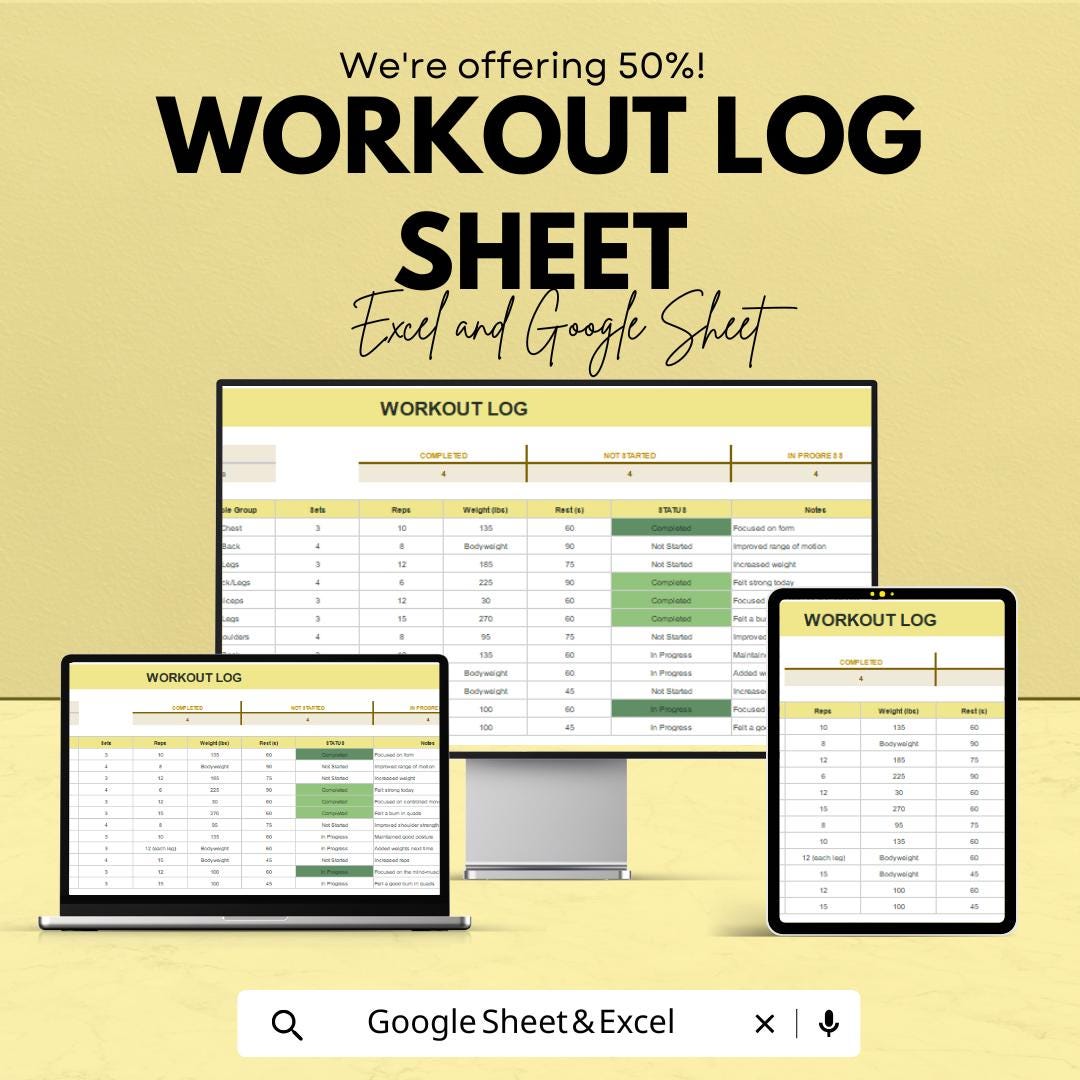 Workout Log Sheet | Fitness Tracker | Excel & Google Sheets | Exercise ...