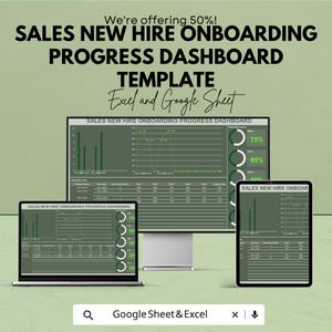 Könnte beinhalten: Ein Bild, das eine Vorlage für ein Onboarding-Fortschritts-Dashboard für neue Vertriebsmitarbeiter zeigt. Der Text auf dem Bild lautet "We're offering 50%!" und "Excel and Google Sheet". Das Dashboard wird auf einem Computermonitor, einem Laptop und einem Tablet angezeigt.