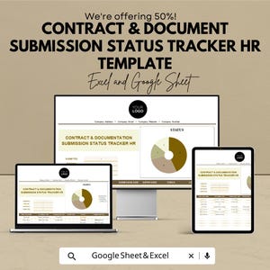 Puede incluir: Plantilla digital para el seguimiento del estado de envío de contratos y documentos, mostrada en un portátil, una tableta y un monitor de escritorio. La plantilla está diseñada para RRHH y es compatible con Excel y Google Sheets. El texto "We're offering 50%!"