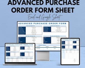 May include: An image showing an advanced purchase order form sheet on a laptop, desktop monitor, and tablet. The text reads "Advanced Purchase Order Form Sheet" and "Excel and Google Sheet". The image also states "We're offering 50%!"