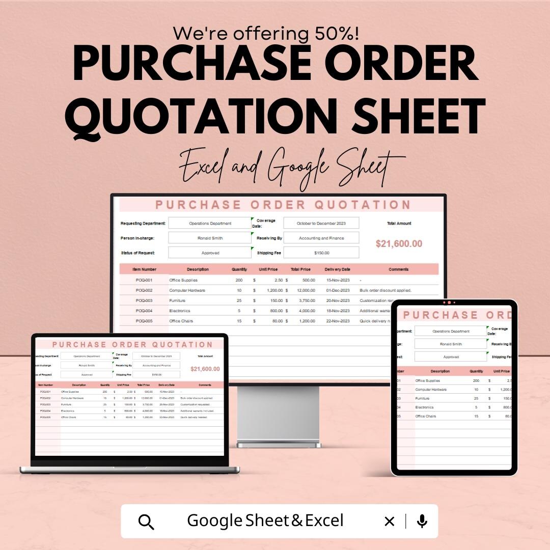 Purchase Order Quotation Sheet | Excel & Google Sheets | Editable PO ...