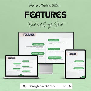 Op de afbeelding: Een advertentie met functies voor Excel en Google Sheets, weergegeven op een laptop, een desktopmonitor en een tablet. De tekst benadrukt functies zoals versiebeheer, documentlijsten, statusupdates en het volgen van deadlines. De achtergrond is lichtgroen.