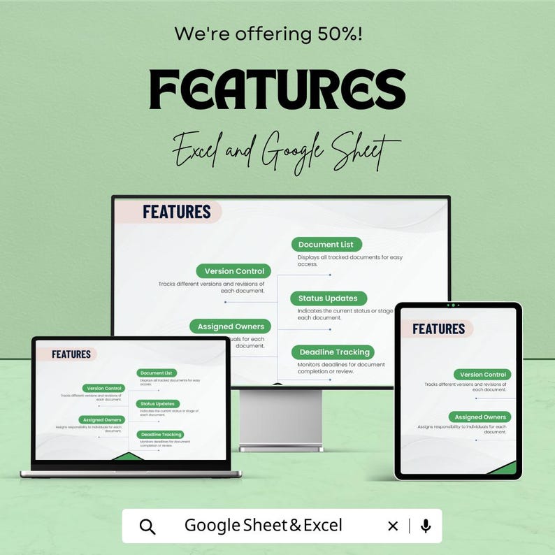 Op de afbeelding: Een advertentie met functies voor Excel en Google Sheets, weergegeven op een laptop, een desktopmonitor en een tablet. De tekst benadrukt functies zoals versiebeheer, documentlijsten, statusupdates en het volgen van deadlines. De achtergrond is lichtgroen.