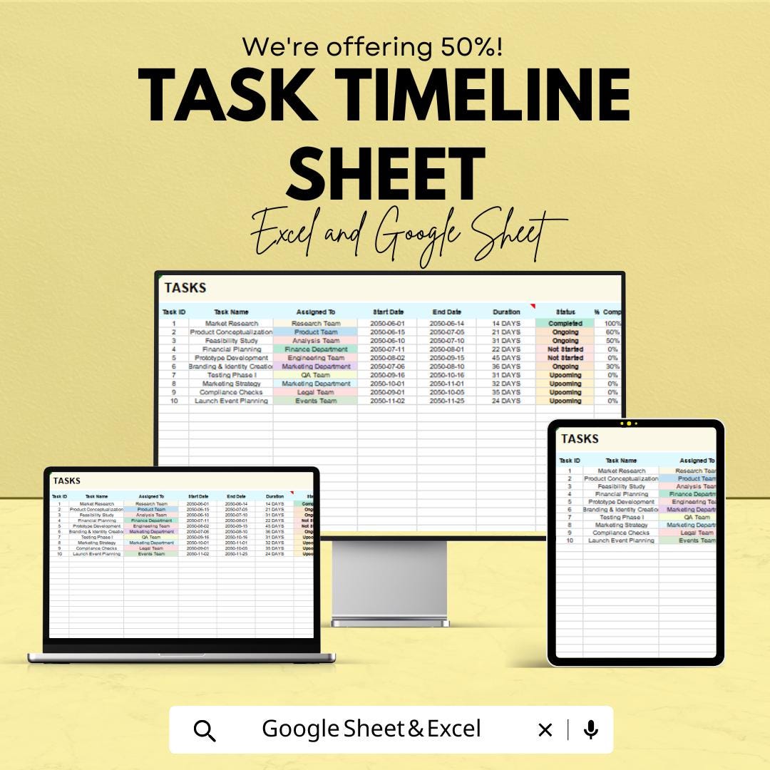 Task Timeline Sheet Template for Excel and Google Sheets | Track ...