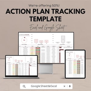 Könnte beinhalten: Werbung für eine Aktionsplan-Tracking-Vorlage, kompatibel mit Excel und Google Sheets. Das Bild zeigt die Vorlage auf einem Laptop, einem Desktop-Monitor und einem Tablet. Der Text lautet "We're offering 50%!" und "ACTION PLAN TRACKING TEMPLATE".