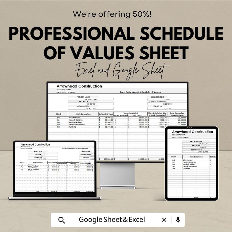 Professional Schedule of Values Sheet | Construction Payment Tracking ...