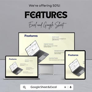 K&ouml;nnte beinhalten: Werbung f&uuml;r Excel- und Google Sheet-Funktionen. Das Bild zeigt einen Computermonitor, einen Laptop und ein Tablet, die das Wort "Funktionen" und eine Tabellenkalkulationsoberfl&auml;che anzeigen. Der Text enth&auml;lt "Intuitive Layout" und "Automatisierte Rechner."