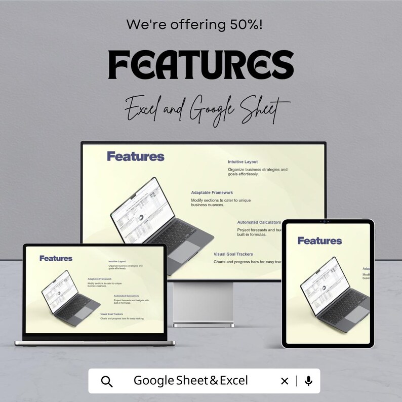 K&ouml;nnte beinhalten: Werbung f&uuml;r Excel- und Google Sheet-Funktionen. Das Bild zeigt einen Computermonitor, einen Laptop und ein Tablet, die das Wort "Funktionen" und eine Tabellenkalkulationsoberfl&auml;che anzeigen. Der Text enth&auml;lt "Intuitive Layout" und "Automatisierte Rechner."