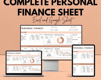 May include: A digital personal finance sheet displayed on a laptop, desktop monitor, and tablet. The text on the screen reads "COMPLETE PERSONAL FINANCE SHEET Excel and Google Sheet". The image has a peach background.