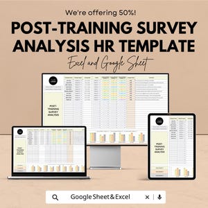 May include: A digital HR template for post-training survey analysis, displayed on a laptop, desktop monitor, and tablet. The template is designed for Excel and Google Sheets, with a logo in the corner. The text reads "POST-TRAINING SURVEY ANALYSIS HR TEMPLATE".