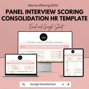 May include: A digital HR template for panel interview scoring, displayed on a laptop, desktop monitor, and tablet. The template includes sections for candidate information and panel scoring, with the text "Panel Interview Scoring Consolidation HR Template". The background is a light pink.