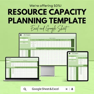 Peut inclure: Image promotionnelle pour un modèle de planification de la capacité des ressources. L'image montre un ordinateur portable, un moniteur et une tablette affichant une feuille de calcul. Le texte indique "We're offering 50%! RESOURCE CAPACITY PLANNING TEMPLATE Excel and Google Sheet."