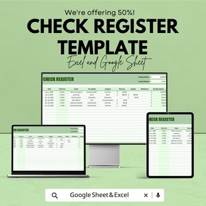Puede incluir: Una plantilla digital de registro de cheques que se muestra en una computadora portátil, un monitor de escritorio y una tableta. El texto "CHECK REGISTER TEMPLATE Excel and Google Sheet" está en la parte superior. La imagen también incluye el texto "We're offering 50%!" y "Google Sheet & Excel".