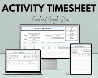 Könnte beinhalten: Ein Bild, das eine "AKTIVITÄTSZEITNACHWEIS"-Vorlage auf einem Computermonitor, Laptop und Tablet zeigt. Der Text "Excel und Google Sheet" ist ebenfalls sichtbar. Das Bild enthält auch den Text "Wir bieten 50 %!" und "Google Sheet & Excel".