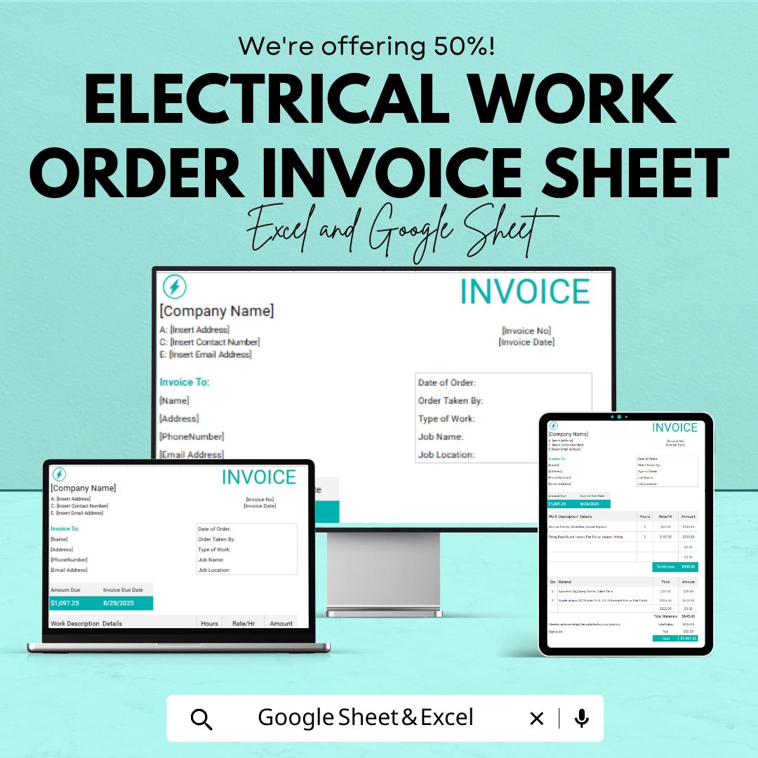 Cee Invoice Electrical Work Order Invoice Sheet | Excel & Google Sheets Template ...