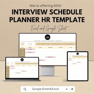 Könnte beinhalten: Ein Bild, das eine Interview-Zeitplan-Planer-HR-Vorlage zeigt, die in Excel- und Google Sheet-Formaten verfügbar ist. Das Design wird auf einem Laptop, einem Desktop-Monitor und einem Tablet angezeigt. Der Text enthält "Interview Schedule Planner" und "We're offering 50%!"