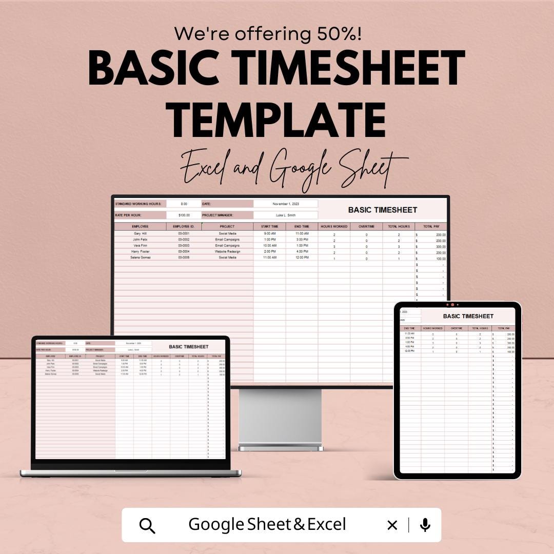 Basic Timesheet Template | Excel and Google Sheets | Employee Work ...