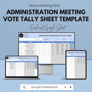 Op de afbeelding: Een afbeelding die een sjabloon voor een stemmingslijst voor een bestuursvergadering promoot. De tekst luidt "We're offering 50%!" en "Excel and Google Sheet". De sjabloon wordt weergegeven op een laptop, een desktopmonitor en een tablet.
