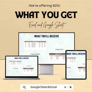 K&ouml;nnte beinhalten: Werbung f&uuml;r Excel- und Google Sheet-Vorlagen. Das Bild zeigt einen Laptop, einen Desktop-Monitor und ein Tablet, die Tabellenkalkulationsbeispiele anzeigen. Der Text enth&auml;lt "WHAT YOU GET", "WHAT YOU'LL RECEIVE", "We're offering 50%!" und "Google Sheet & Excel".