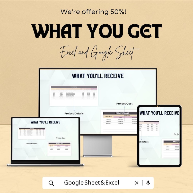 K&ouml;nnte beinhalten: Werbung f&uuml;r Excel- und Google Sheet-Vorlagen. Das Bild zeigt einen Laptop, einen Desktop-Monitor und ein Tablet, die Tabellenkalkulationsbeispiele anzeigen. Der Text enth&auml;lt "WHAT YOU GET", "WHAT YOU'LL RECEIVE", "We're offering 50%!" und "Google Sheet & Excel".