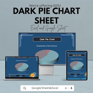 May include: An advertisement for a dark pie chart sheet compatible with Excel and Google Sheets. The image shows a laptop, desktop monitor, and tablet displaying a pie chart with blue, red, and gray sections. The text includes "We're offering 50%!" and "Google Sheet & Excel."