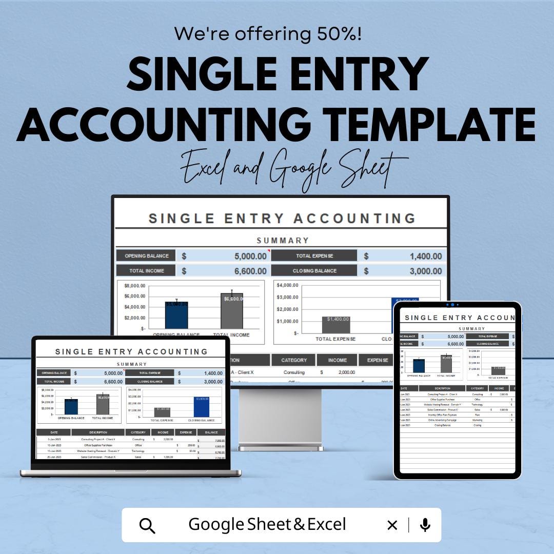 Single Entry Accounting Template Simple Bookkeeping Spreadsheet Income Expense Tracker Small Business Accounting Sheet