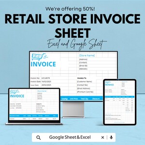 Può includere: Immagine promozionale per un foglio di fatturazione per negozi al dettaglio, disponibile nei formati Excel e Google Sheet. L'immagine presenta un laptop, un monitor desktop e un tablet che mostrano modelli di fattura. Il testo include "RETAIL STORE INVOICE SHEET" e "Google Sheet & Excel."
