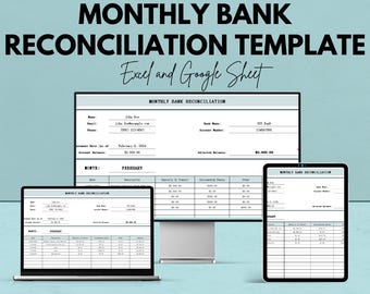Monthly Bank Reconciliation Template | Transaction Log | Accounting Spreadsheet | Finance Tracker | Small Business Bookkeeping