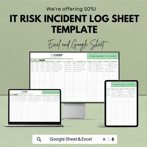 May include: An IT Risk Incident Log Sheet Template is displayed on a desktop monitor, laptop, and tablet. The text "We're offering 50%! IT RISK INCIDENT LOG SHEET TEMPLATE" is at the top. The template is compatible with Excel and Google Sheets.