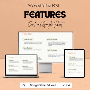 Może przedstawiać: Reklama szablon&oacute;w Excel i Google Sheet, wyświetlana na monitorze komputera, laptopie i tablecie. Reklama podkreśla takie funkcje, jak oszczędność czasu, łatwość użytkowania i opłacalność. Tekst "We're offering 50%!" znajduje się na g&oacute;rze.