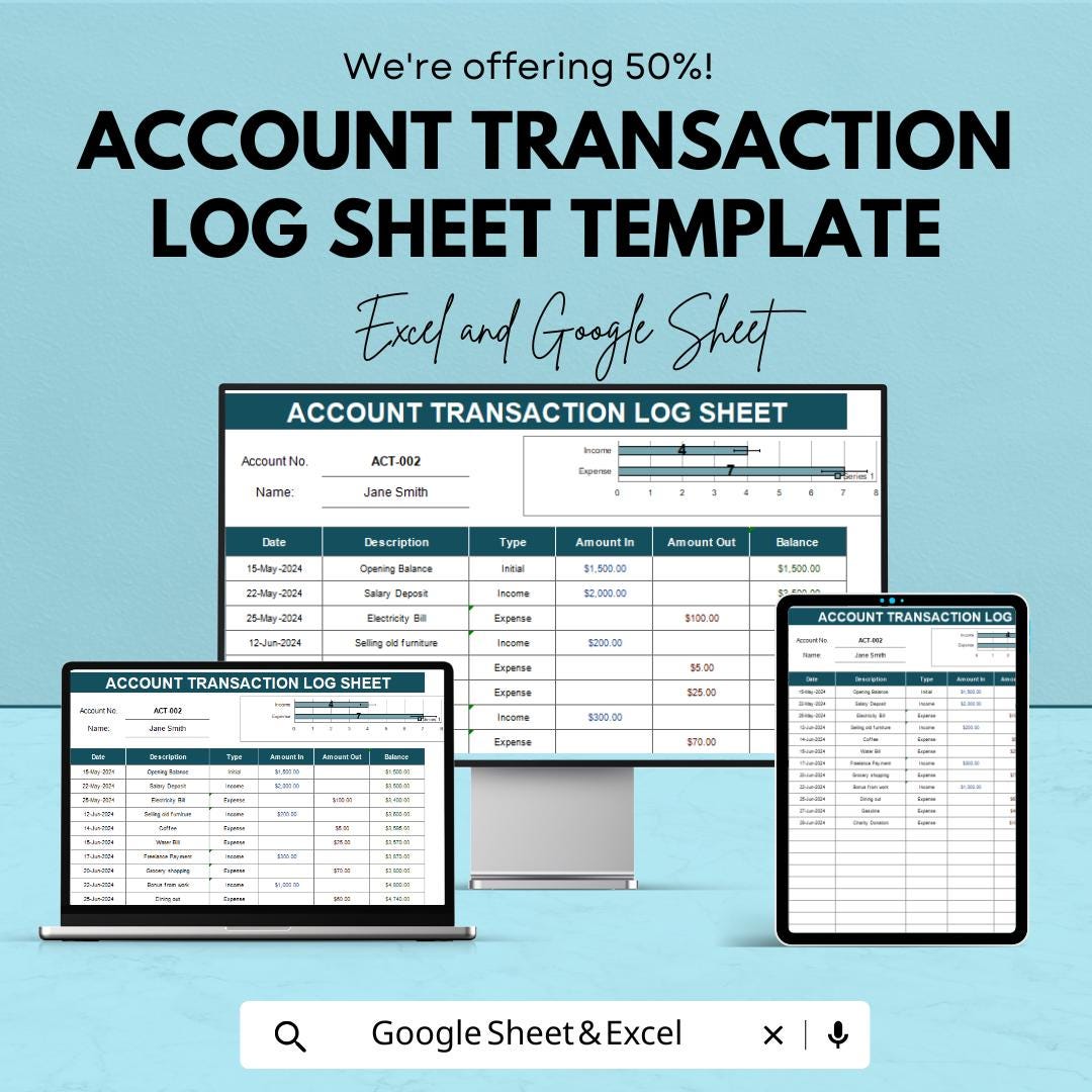 Account Transaction Log Sheet Template | Transaction Tracker | Income ...