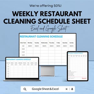 Könnte beinhalten: Werbebild für einen wöchentlichen Reinigungsplan für Restaurants, verfügbar in Excel und Google Sheet. Der Plan wird auf einem Computermonitor, einem Laptop und einem Tablet angezeigt. Der Text "We're offering 50%!" steht oben.