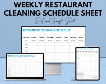 May include: A promotional image for a weekly restaurant cleaning schedule sheet. The text "We're offering 50%!" is at the top. The image shows the schedule on a computer monitor, laptop, and tablet. The text "Excel and Google Sheet" is also included.