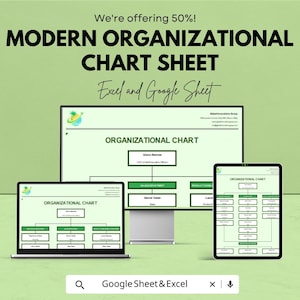 Op de afbeelding: Een moderne organisatiesheet weergegeven op een laptop, tablet en monitor. De tekst luidt "We're offering 50%! MODERN ORGANIZATIONAL CHART SHEET Excel and Google Sheet". De grafiek is groen en wit met de woorden "ORGANIZATIONAL CHART".