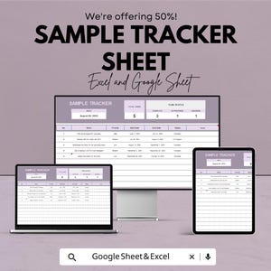 K&ouml;nnte beinhalten: Ein digitales Beispiel-Tracker-Sheet, das auf einem Laptop, einem Desktop-Monitor und einem Tablet angezeigt wird. Der Text auf dem Bildschirm lautet "SAMPLE TRACKER SHEET Excel and Google Sheet". Der Hintergrund ist hellviolett.
