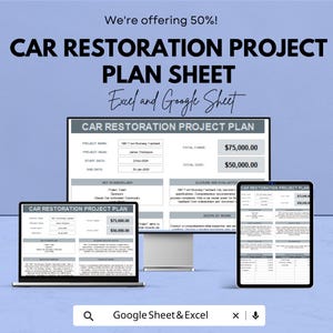 May include: A digital advertisement for a car restoration project plan sheet. The text reads "Car Restoration Project Plan Sheet" with the option for Excel and Google Sheet. The plan is displayed on a laptop, monitor, and tablet.