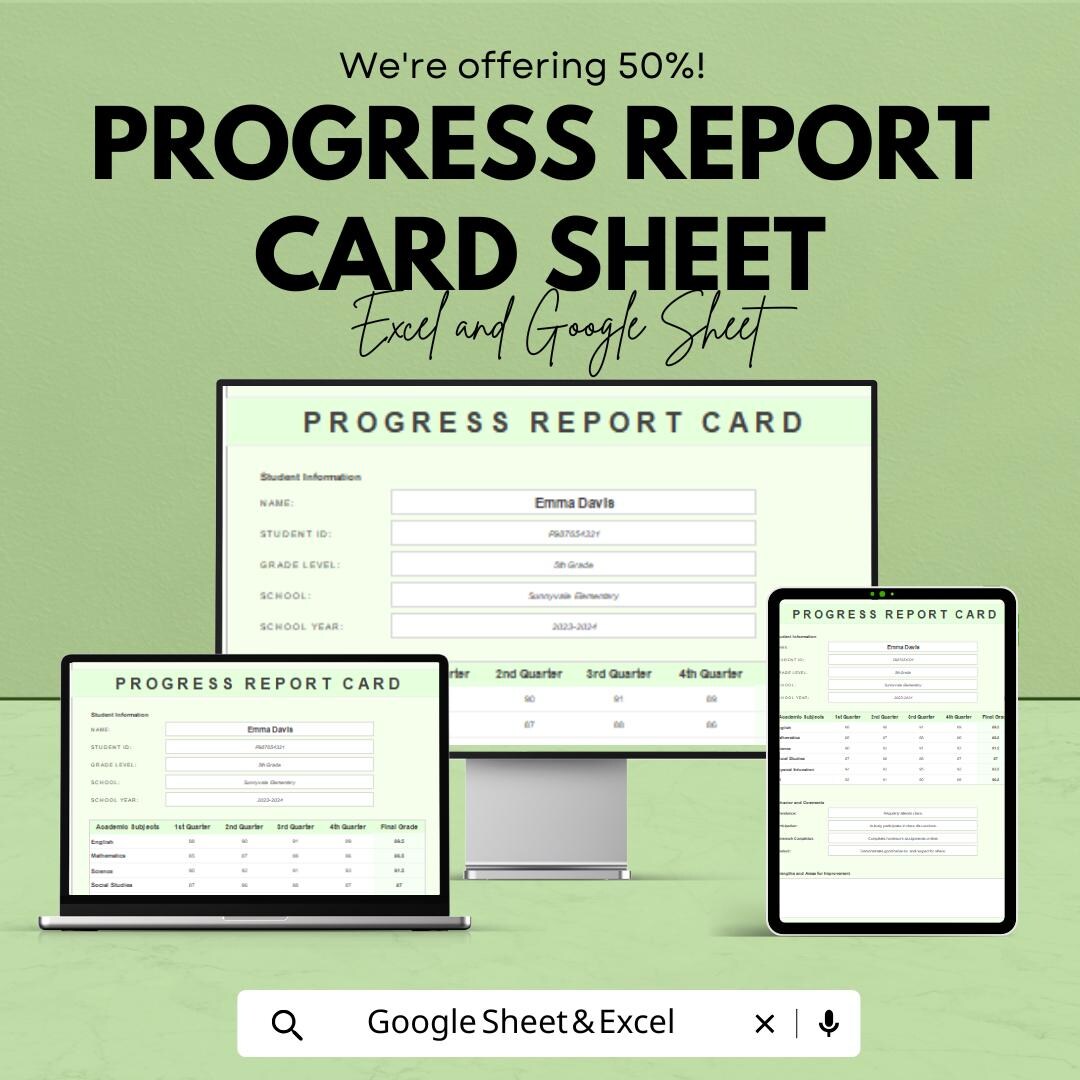 Progress Data Card 50% off - Progress Report Card Sheet for Google Sheets | Student Grade ...