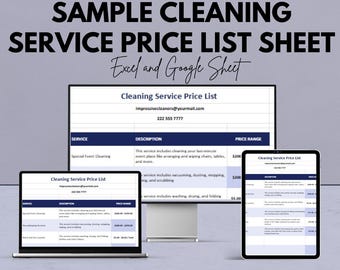 May include: A promotional image for a cleaning service, featuring a price list displayed on a laptop, tablet, and computer monitor. The text reads "Sample Cleaning Service Price List Sheet" with a 50% off offer. The image also includes the words "Excel and Google Sheet".