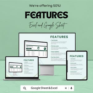 K&ouml;nnte beinhalten: Werbung f&uuml;r Excel- und Google Sheet-Funktionen. Das Bild zeigt einen Desktop-Computer, einen Laptop und ein Tablet, die das Wort "FEATURES" und Details zur Aufgabenverwaltung anzeigen. Der Text "We're offering 50%!" steht oben.
