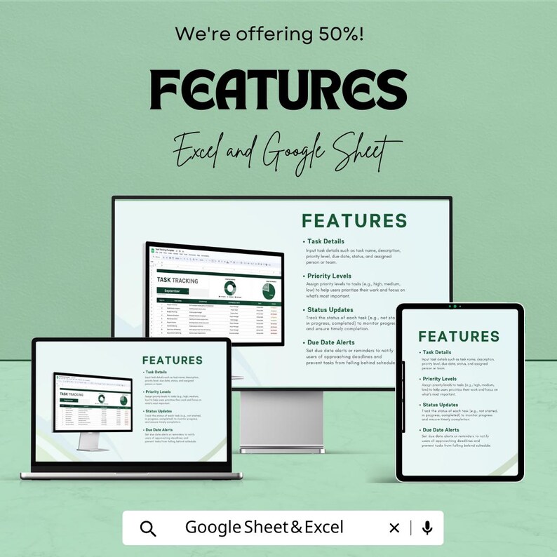 K&ouml;nnte beinhalten: Werbung f&uuml;r Excel- und Google Sheet-Funktionen. Das Bild zeigt einen Desktop-Computer, einen Laptop und ein Tablet, die das Wort "FEATURES" und Details zur Aufgabenverwaltung anzeigen. Der Text "We're offering 50%!" steht oben.