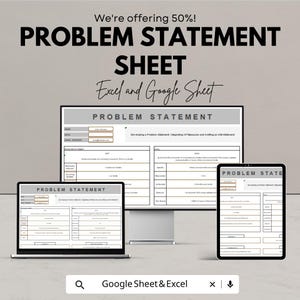 Op de afbeelding: Een digitale marketingafbeelding met een sjabloon voor een "Problem Statement Sheet", weergegeven op een computermonitor, laptop en tablet. De tekst "Excel and Google Sheet" is ook zichtbaar. De afbeelding bevat de tekst "We're offering 50%!" en "Google Sheet & Excel".